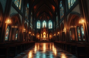 Fototapeta premium A Church Interior with Stained Glass Windows