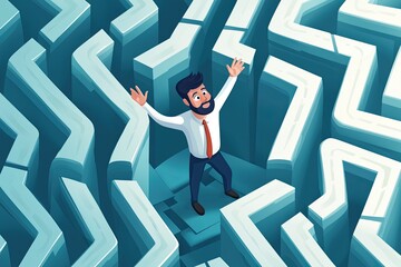 Salaryman caught in a debt maze, searching for way out, flat design illustration