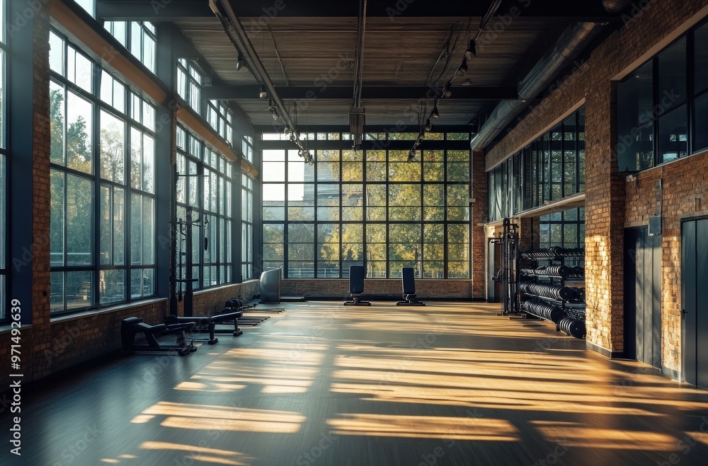 Poster Modern Gym Interior with Large Windows and Sunbeams