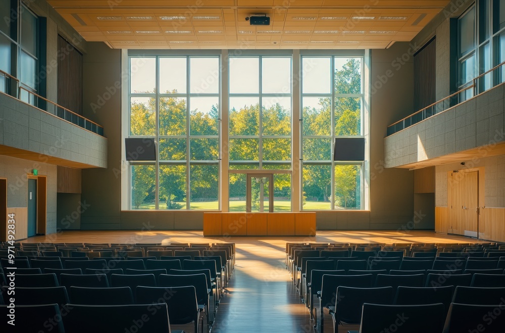 Poster empty auditorium with large window view
