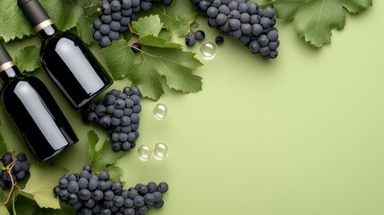 A stylish arrangement features five black wine bottles among clusters of fresh grapes and bubbles, set against a lively green backdrop, showcasing a delightful beverage display