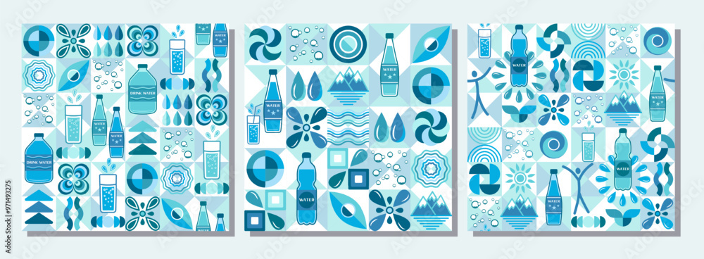 Aufkleber patterns with water icons, design elements in flat simple geometric style. seamless background with 