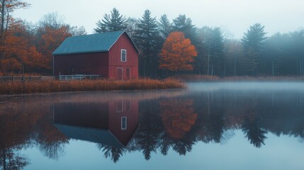 Fototapeta premium Red Barn Reflecting in Misty Lake