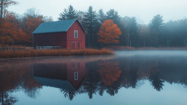 Red Barn Reflecting in Misty Lake
