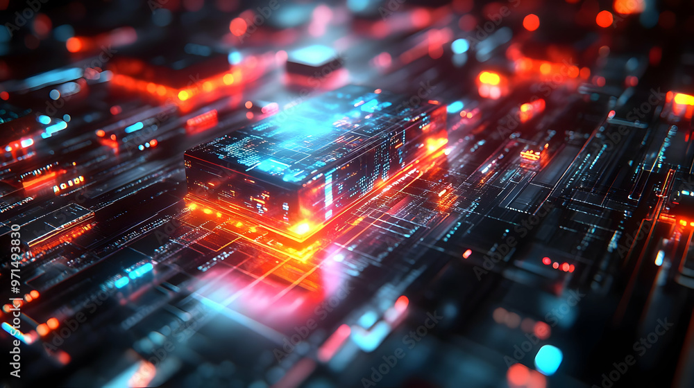 Aufkleber a futuristic digital circuit board with glowing elements representing technology and innovation.