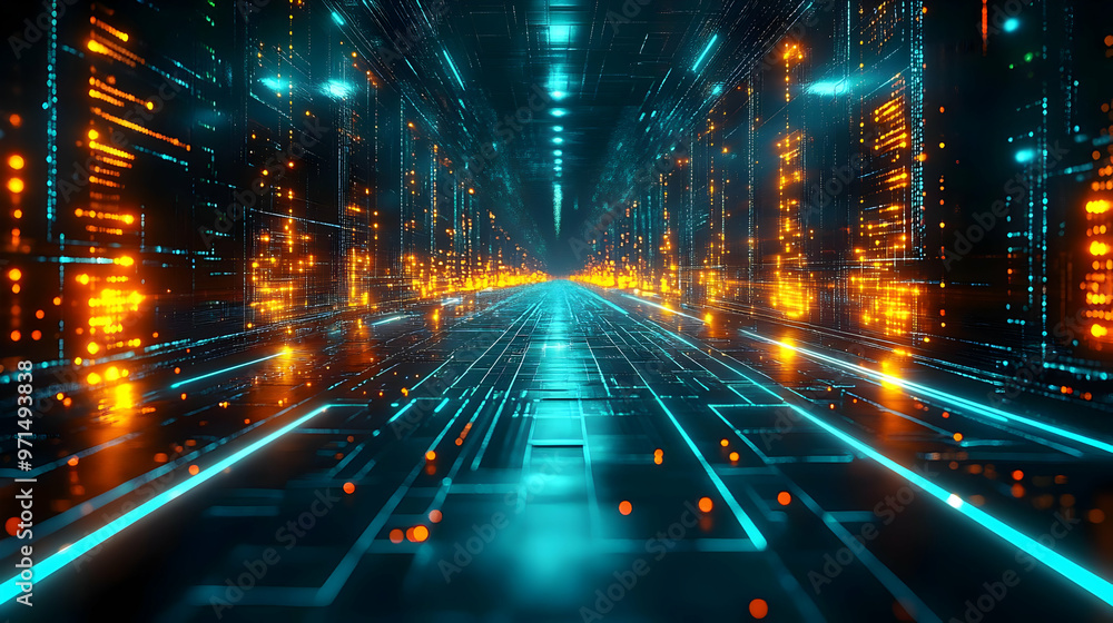 Poster a futuristic digital corridor illuminated by glowing data streams and vibrant colors.