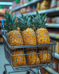 Shopping cart with pineapples in the supermarket. Business concept