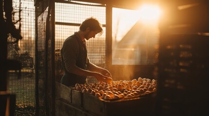 Fototapeta premium Farmer Gathering Fresh Eggs at Sunset