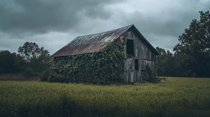 Obraz premium Overgrown Rustic Barn Under a Gloomy Sky