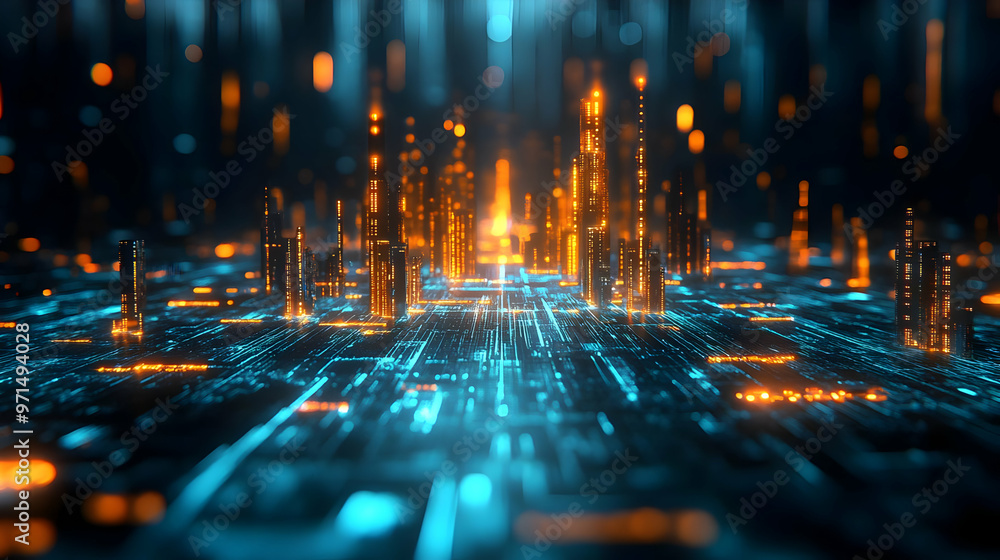 Poster a futuristic digital landscape with glowing elements representing data and technology.