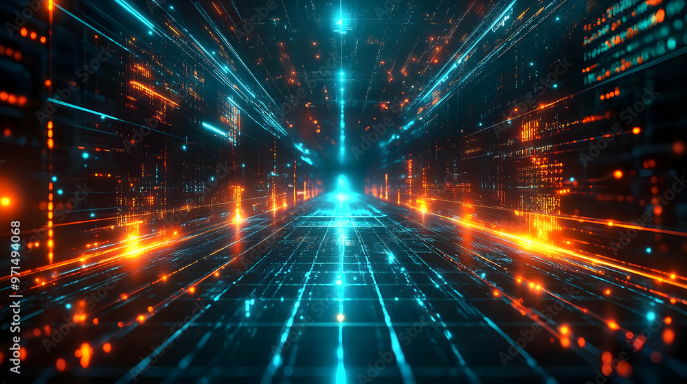 Poster a futuristic digital landscape with glowing lines and particles creating a sense of depth.