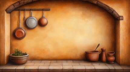 A painting of a kitchen with pots and pans hanging on the wall, AI