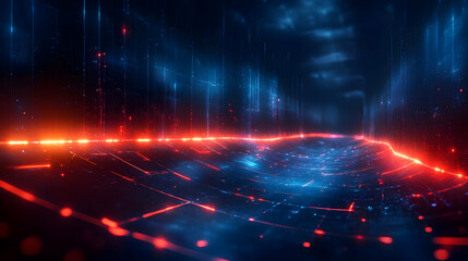 Fototapeta premium A futuristic digital tunnel with glowing blue and red lights, suggesting advanced technology.