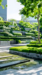 Lush Urban Plaza with Cascading Water Features and Verdant Green Walls Blending Nature and Public Space Design