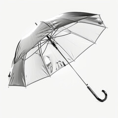 Transparent umbrella with sleek design, showcasing its structure and elegance. image conveys sense of protection and style.