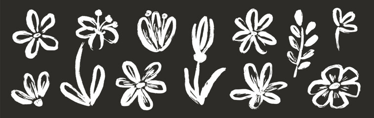 Flower abstract hand drawn brush chalk stroke. Sketch hand drawn silhouette floral plant, nature graphic leaf, floral grunge abstract brush. Vector simple flower on chalkboard. Vector illustration