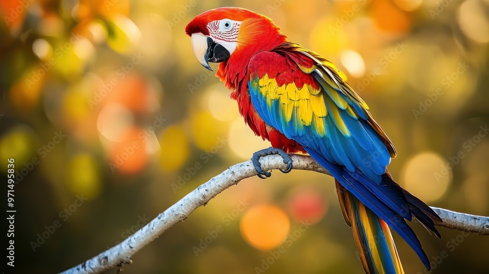 Sticker Scarlet Macaw Perched on a Branch with Blurred Background