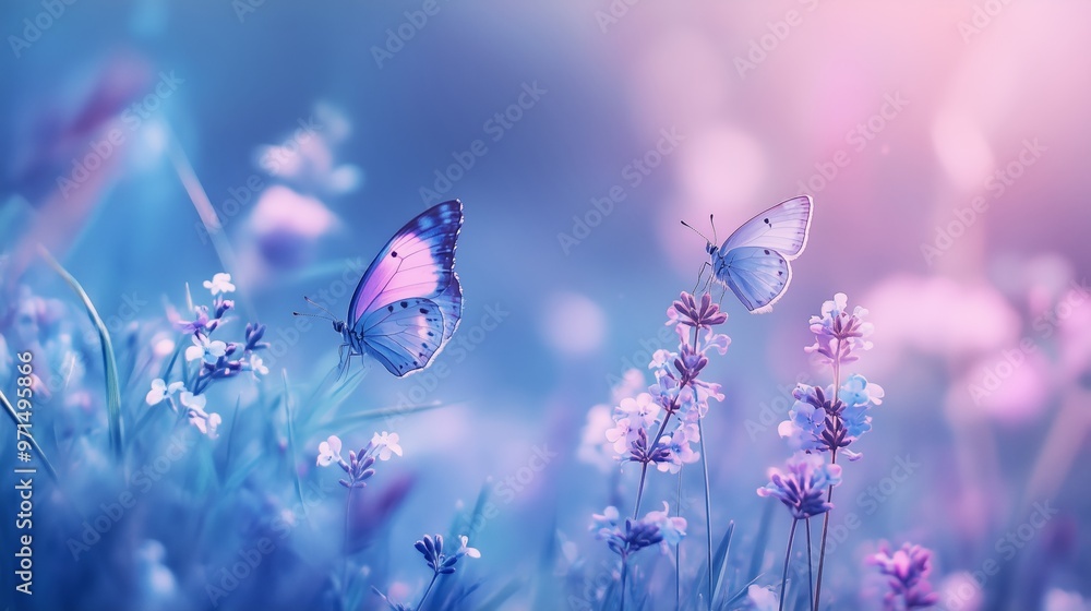 Poster Delicate butterflies flutter above vibrant wildflowers in a dreamy, pastel landscape during late afternoon light