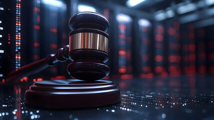 A gavel resting on a podium, symbolizing law and justice in a digital environment.