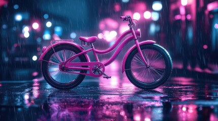 Pink bicycle parked on a wet city street at night with blurred city lights in the background.
