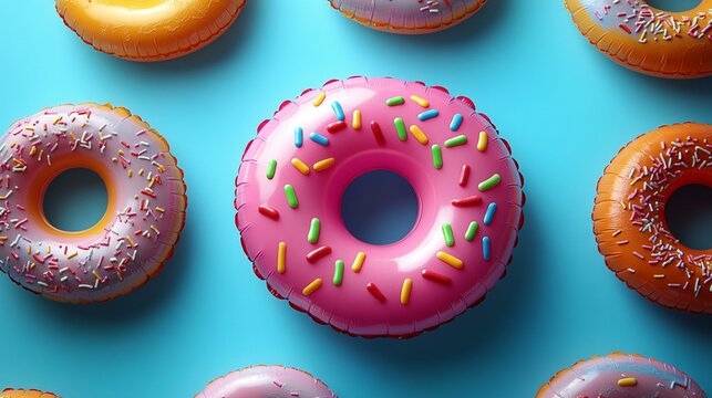 this Trendy summer pattern featuring a pink doughnut inflatable toy on a bright light blue background.