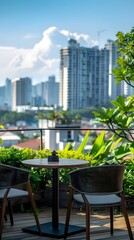 Fototapeta premium Lush Rooftop Cafe with Panoramic City Views Blending Nature and Urban Sophistication