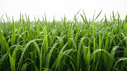 Obraz premium Bright green field, isolated on white, with dew-covered blades. Ideal for nature-themed projects