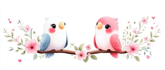 Fototapeta premium Charming illustration of two cute birds on a branch surrounded by floral elements, perfect for nature and love themes.