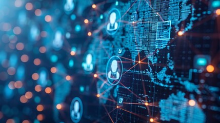 Obraz premium Business network with global reach, highlighting data analysis, customer connections, and HR recruitment. Emphasis on technology, social networks, and teamwork