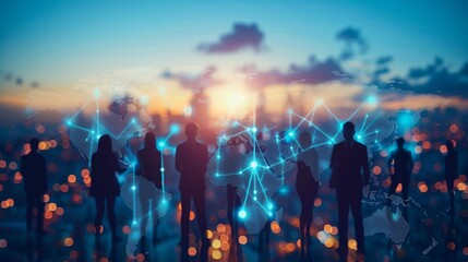 Business network with global reach, highlighting data analysis, customer connections, and HR recruitment. Emphasis on technology, social networks, and teamwork