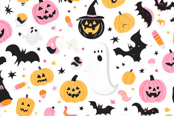 white background Halloween pattern with various clean detailed cartoon elements, such as ghosts, pumpkins, and witches