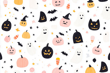 white background Halloween pattern with various clean detailed cartoon elements, such as ghosts, pumpkins, and witches