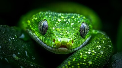 Obraz premium Close-up of a green snake's head with water droplets on its body and eyes