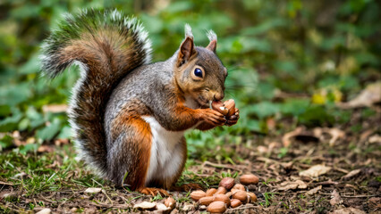 A portrait of a grey squirrel eating hazelnuts from the forest floor. 