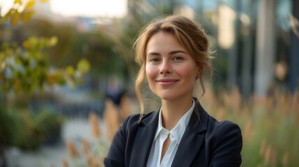 Businesswoman in formal attire, smiling confidently while looking to the side, standing in a modern outdoor workspace