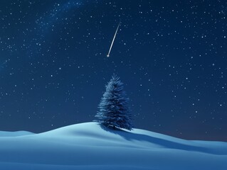 Naklejka premium A Single Pine Tree Stands Tall on a Snow Covered Landscape Under a Night Sky With a Shooting Star
