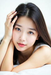 Fototapeta premium Beautiful young Asian woman with clear skin touching face skincare youth beauty cosmetics portrait natural makeup wellness spa treatment relaxation happy female model healthy lifestyle concept