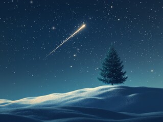 Naklejka premium A lone pine tree stands on a snowy hill under a starry night sky with a shooting star.
