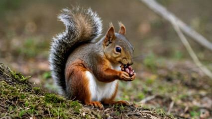 Fototapeta premium A portrait of a grey squirrel eating hazelnuts from the forest floor. 