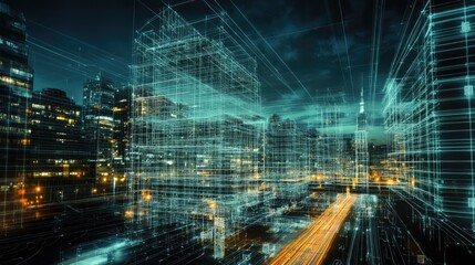 Obraz premium Abstract digital city skyline with glowing lights and wireframe buildings at night.