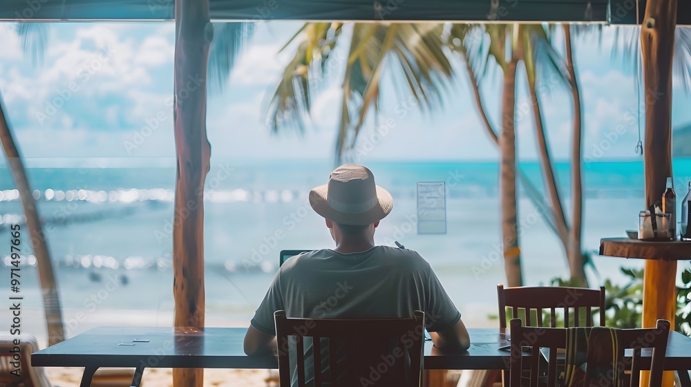 Poster digital nomad working remotely from beachfront caf blending work and relaxation