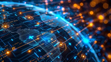 Digital globe with blockchain symbols and data lines representing global networks