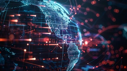 Digital globe with blockchain symbols and data lines representing global networks