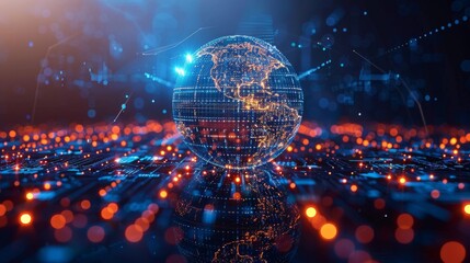Digital globe with blockchain symbols and data lines representing global networks