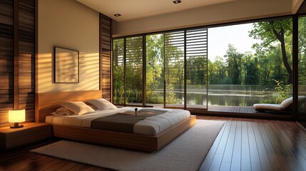 Naklejka premium Modern Bedroom with Large Windows and View of Lake