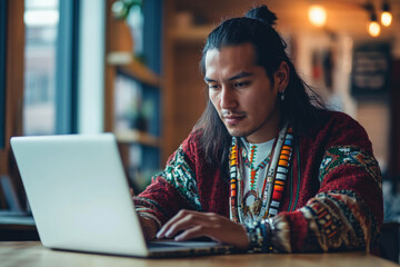 Fototapeta premium young Native American man in modern office working on laptop, blend of tradition and modernity