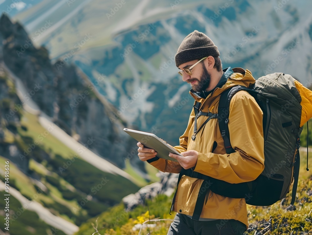 Poster rugged mountain landscape with a hiker using a digital device while on the move showcasing the conce