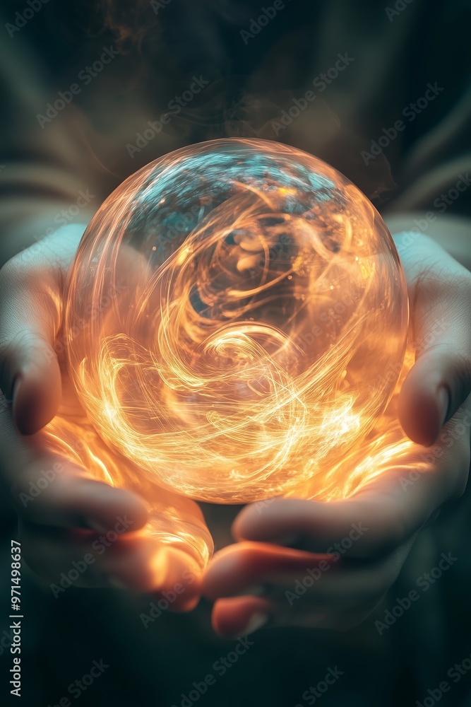 Poster hands holding a glowing orb with swirling patterns of light in a dark environment, creating an encha