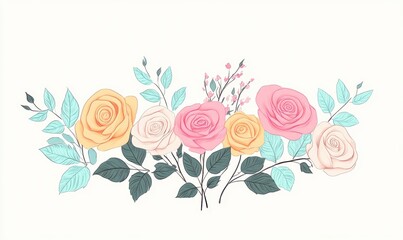 A beautiful arrangement of colorful roses with green leaves, perfect for adding a touch of elegance to any design.