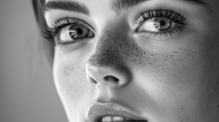 Obraz premium Close-up Black and White Portrait of a Woman's Face with Freckles